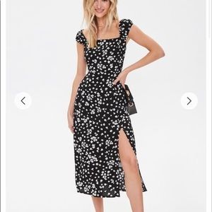 Black slit midi dress floral lace up back
